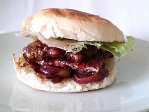 Turkey Burger with blackberry sauce and caramelised oinion.