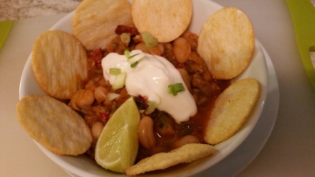 Chorizo Stew served with rice Crackers and a dollop of 0 % fat Greek Yogurt.
