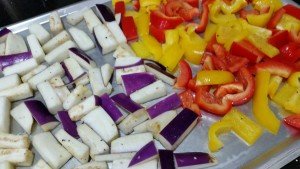 Aubergine and peppers ready to go into the oven 