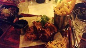Fried Buttermilk chicken with BBQ chicken served with fries and slaw.