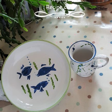 Hand painted pasta bow and matching mug in blue and green. Denby pottery