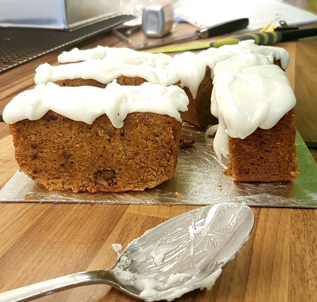Just iced carrot cake and it looks yummy.